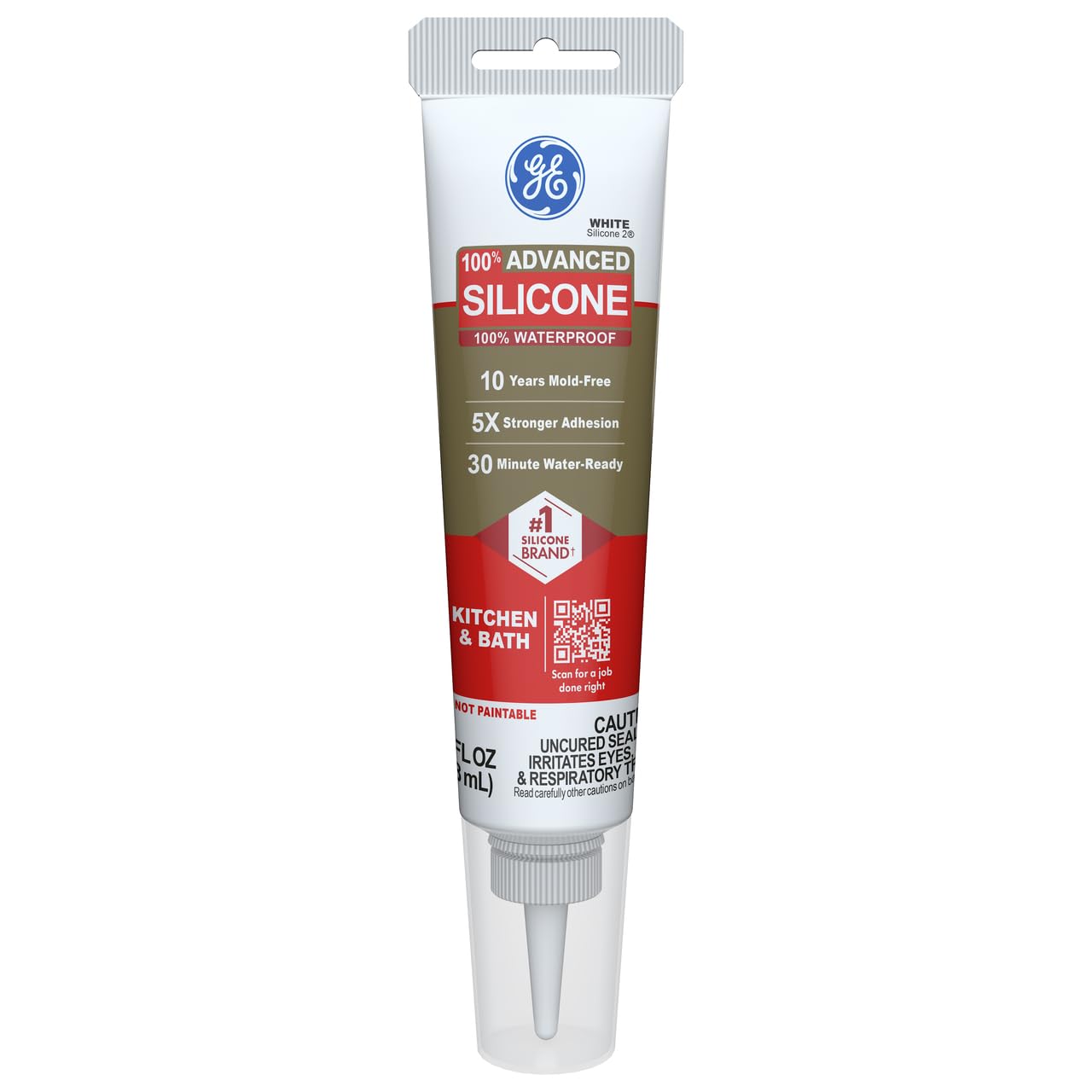GE Advanced Silicone Caulk for Kitchen & Bathroom, white 2.8 fl oz squeeze tube