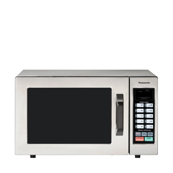 Panasonic NE-1054F compact light-duty commercial countertop microwave in stainless steel